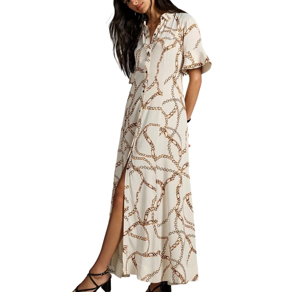 Maeve Anthropologie Chain Link Print Maxi Shirt Dress White Gold OB1734135 Large